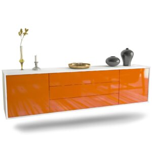 Lowboard Riverside | hängend | Korpus Weiß | Front in Hochglanz Orange | 180x49x35cm (BxHxT)
