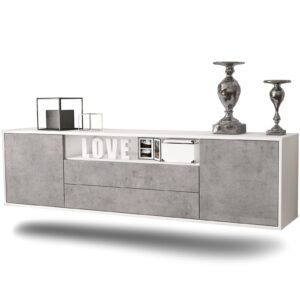 Lowboard Stockton | hängend | Korpus Weiß | Front in Beton Optik | 180x49x35cm (BxHxT)