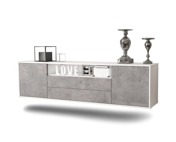 Lowboard Stockton | hängend | Korpus Weiß | Front in Beton Optik | 180x49x35cm (BxHxT)