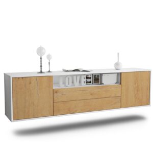 Lowboard Stockton | hängend | Korpus Weiß | Front in Eiche Holz Optik | 180x49x35cm (BxHxT)