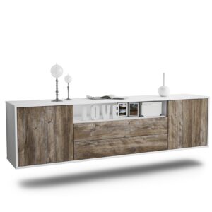 Lowboard Stockton | hängend | Korpus Weiß | Front in Treibholz Holz Optik | 180x49x35cm (BxHxT)