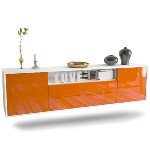 Lowboard Stockton | hängend | Korpus Weiß | Front in Hochglanz Orange | 180x49x35cm (BxHxT)