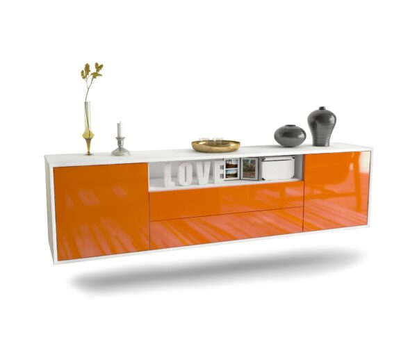Lowboard Stockton | hängend | Korpus Weiß | Front in Hochglanz Orange | 180x49x35cm (BxHxT)