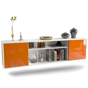 Lowboard Newark | hängend | Korpus Weiß | Front in Hochglanz Orange | 180x49x35cm (BxHxT)