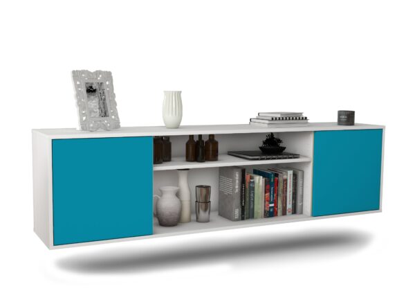 Lowboard Newark | hängend | Korpus Weiß | Front in Türkis | 180x49x35cm (BxHxT)