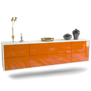 Lowboard Saint Paul | hängend | Korpus Weiß | Front in Hochglanz Orange | 180x49x35cm (BxHxT)