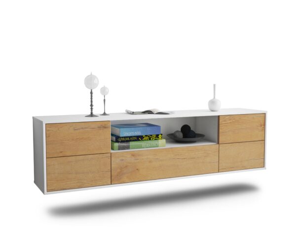 Lowboard Buffalo | hängend | Korpus Weiß | Front in Eiche Holz Optik | 180x49x35cm (BxHxT)