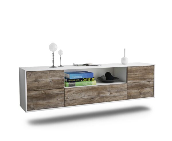 Lowboard Buffalo | hängend | Korpus Weiß | Front in Treibholz Holz Optik | 180x49x35cm (BxHxT)