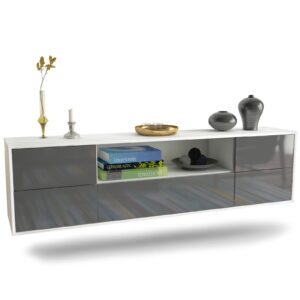 Lowboard Buffalo | hängend | Korpus Weiß | Front in Hochglanz Grau | 180x49x35cm (BxHxT)