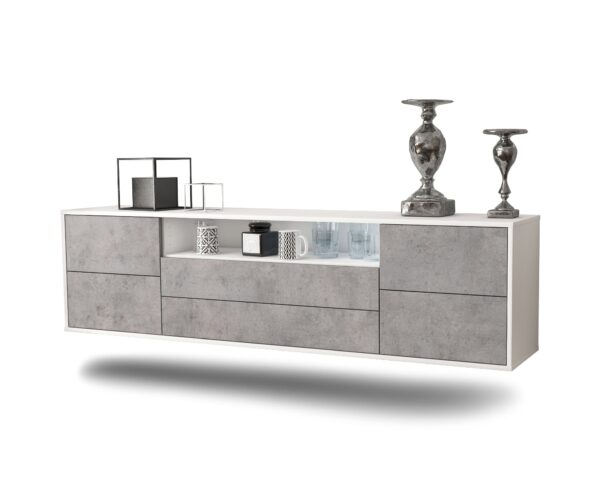 Lowboard Fort Wayne | hängend | Korpus Weiß | Front in Beton Optik | 180x49x35cm (BxHxT)