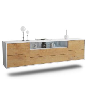 Lowboard Fort Wayne | hängend | Korpus Weiß | Front in Eiche Holz Optik | 180x49x35cm (BxHxT)
