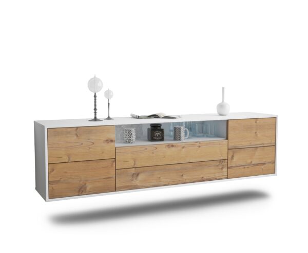 Lowboard Fort Wayne | hängend | Korpus Weiß | Front in Pinie Holz Optik | 180x49x35cm (BxHxT)
