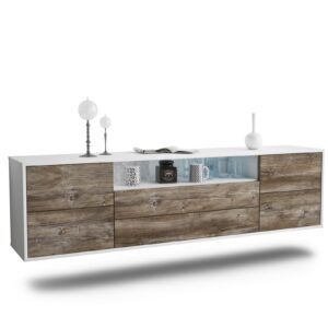Lowboard Fort Wayne | hängend | Korpus Weiß | Front in Treibholz Holz Optik | 180x49x35cm (BxHxT)