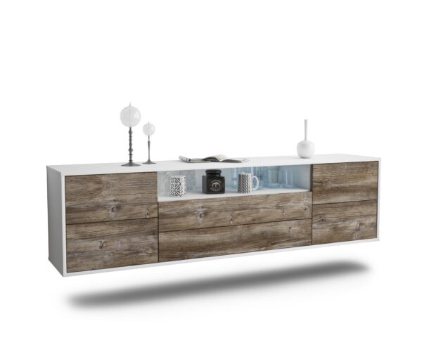 Lowboard Fort Wayne | hängend | Korpus Weiß | Front in Treibholz Holz Optik | 180x49x35cm (BxHxT)