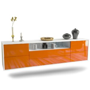 Lowboard Fort Wayne | hängend | Korpus Weiß | Front in Hochglanz Orange | 180x49x35cm (BxHxT)