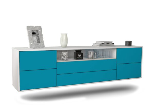 Lowboard Fort Wayne | hängend | Korpus Weiß | Front in Türkis | 180x49x35cm (BxHxT)