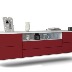 Lowboard Fort Wayne | hängend | Korpus Weiß | Front in Bordeaux | 180x49x35cm (BxHxT)