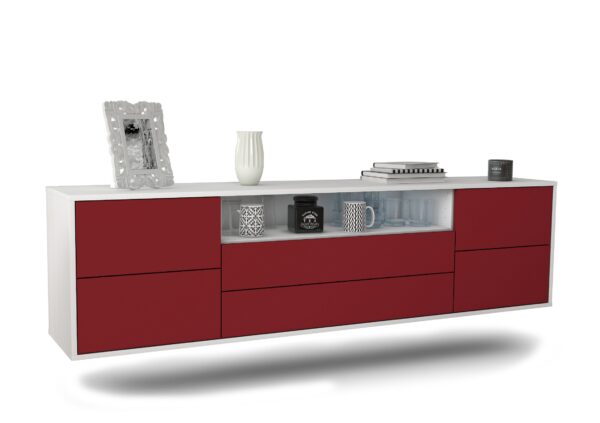 Lowboard Fort Wayne | hängend | Korpus Weiß | Front in Bordeaux | 180x49x35cm (BxHxT)