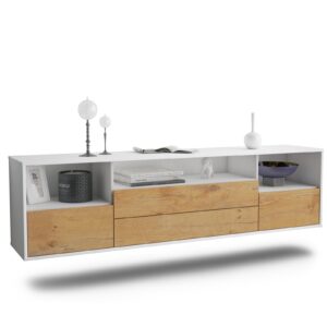 Lowboard Henderson | hängend | Korpus Weiß | Front in Eiche Holz Optik | 180x49x35cm (BxHxT)