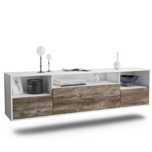 Lowboard Henderson | hängend | Korpus Weiß | Front in Treibholz Holz Optik | 180x49x35cm (BxHxT)
