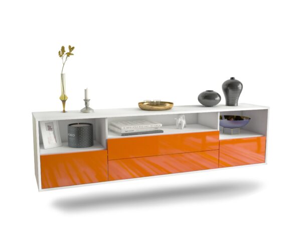 Lowboard Henderson | hängend | Korpus Weiß | Front in Hochglanz Orange | 180x49x35cm (BxHxT)