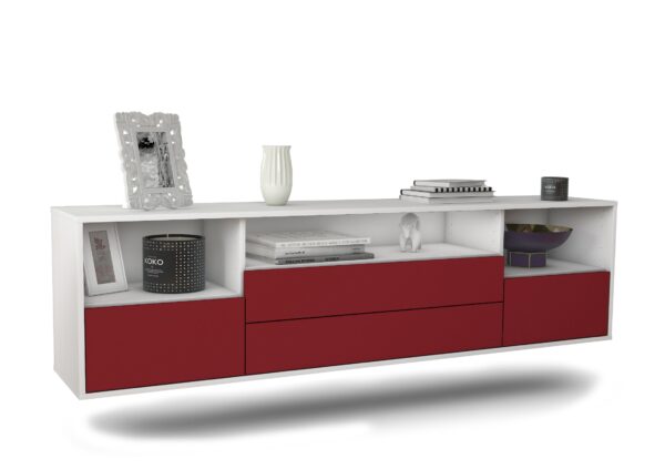 Lowboard Henderson | hängend | Korpus Weiß | Front in Bordeaux | 180x49x35cm (BxHxT)