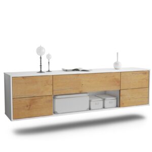 Lowboard Lincoln | hängend | Korpus Weiß | Front in Eiche Holz Optik | 180x49x35cm (BxHxT)