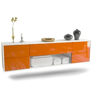 Lowboard Lincoln | hängend | Korpus Weiß | Front in Hochglanz Orange | 180x49x35cm (BxHxT)