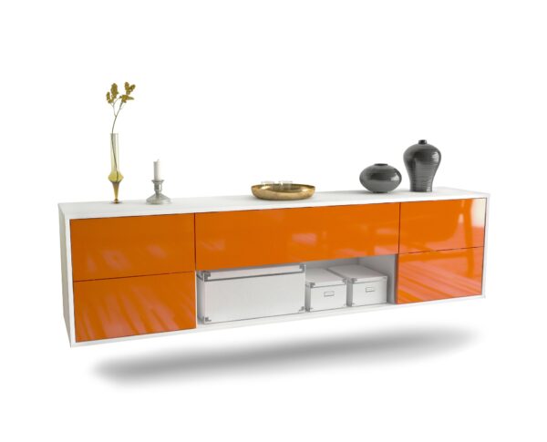 Lowboard Lincoln | hängend | Korpus Weiß | Front in Hochglanz Orange | 180x49x35cm (BxHxT)