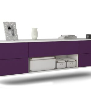 Lowboard Lincoln | hängend | Korpus Weiß | Front in Lila | 180x49x35cm (BxHxT)