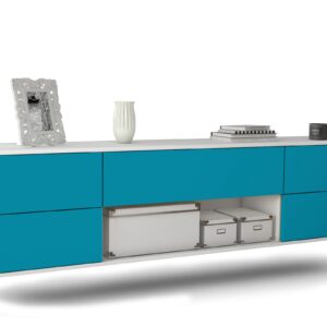 Lowboard Lincoln | hängend | Korpus Weiß | Front in Türkis | 180x49x35cm (BxHxT)
