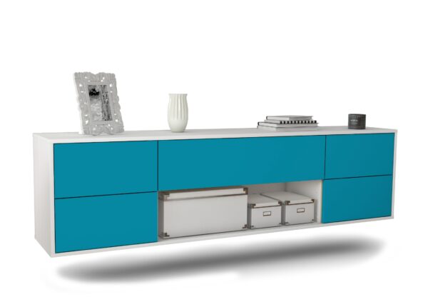 Lowboard Lincoln | hängend | Korpus Weiß | Front in Türkis | 180x49x35cm (BxHxT)