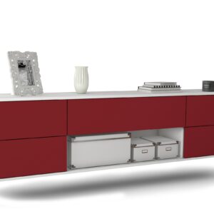 Lowboard Lincoln | hängend | Korpus Weiß | Front in Bordeaux | 180x49x35cm (BxHxT)