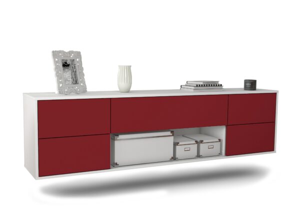 Lowboard Lincoln | hängend | Korpus Weiß | Front in Bordeaux | 180x49x35cm (BxHxT)