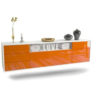 Lowboard New Orleans | hängend | Korpus Weiß | Front in Hochglanz Orange | 180x49x35cm (BxHxT)