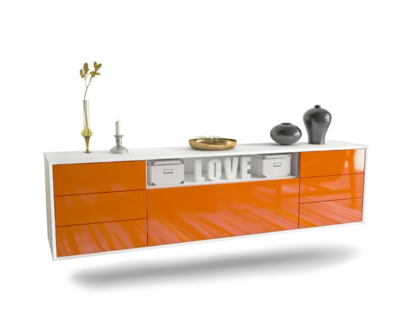 Lowboard New Orleans | hängend | Korpus Weiß | Front in Hochglanz Orange | 180x49x35cm (BxHxT)