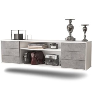 Lowboard Norfolk | hängend | Korpus Weiß | Front in Beton Optik | 180x49x35cm (BxHxT)