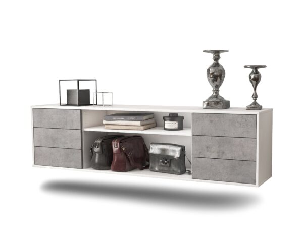 Lowboard Norfolk | hängend | Korpus Weiß | Front in Beton Optik | 180x49x35cm (BxHxT)