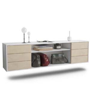Lowboard Norfolk | hängend | Korpus Weiß | Front in Zeder Holz Optik | 180x49x35cm (BxHxT)