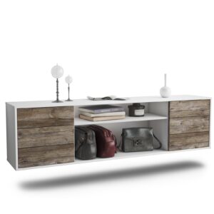 Lowboard Norfolk | hängend | Korpus Weiß | Front in Treibholz Holz Optik | 180x49x35cm (BxHxT)