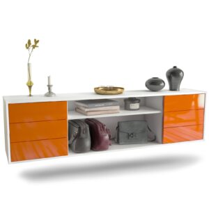 Lowboard Norfolk | hängend | Korpus Weiß | Front in Hochglanz Orange | 180x49x35cm (BxHxT)