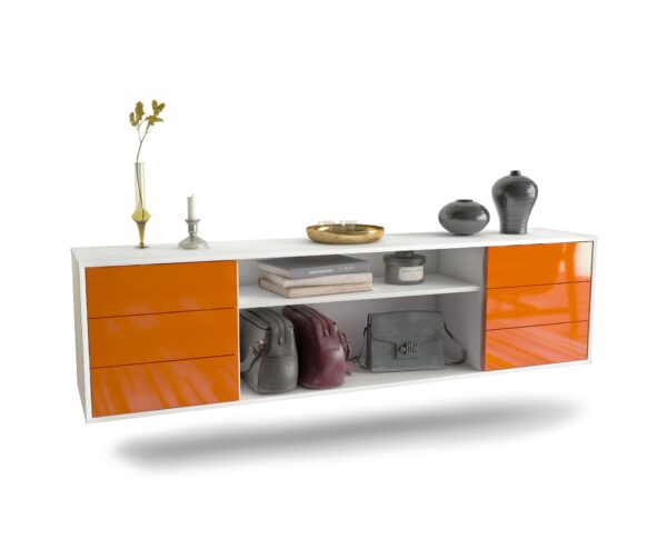 Lowboard Norfolk | hängend | Korpus Weiß | Front in Hochglanz Orange | 180x49x35cm (BxHxT)