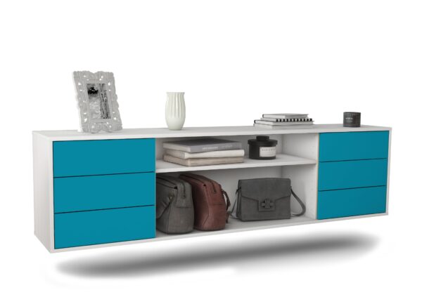 Lowboard Norfolk | hängend | Korpus Weiß | Front in Türkis | 180x49x35cm (BxHxT)