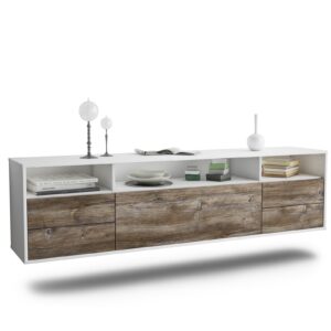 Lowboard Scottsdale | hängend | Korpus Weiß | Front in Treibholz Holz Optik | 180x49x35cm (BxHxT)