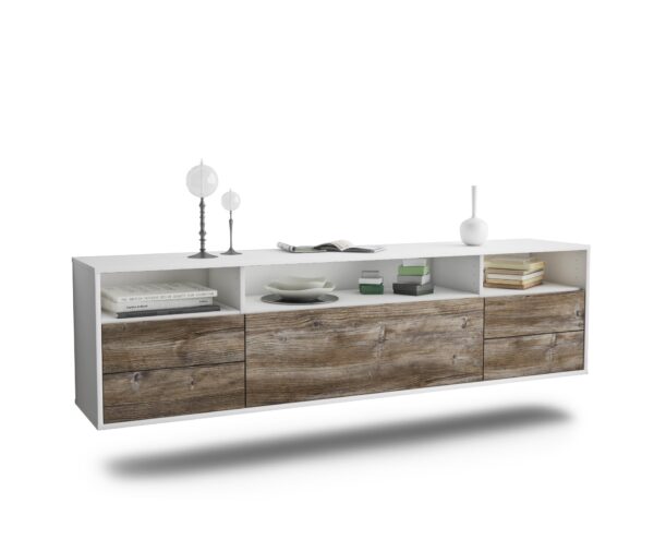 Lowboard Scottsdale | hängend | Korpus Weiß | Front in Treibholz Holz Optik | 180x49x35cm (BxHxT)