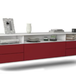 Lowboard Scottsdale | hängend | Korpus Weiß | Front in Bordeaux | 180x49x35cm (BxHxT)