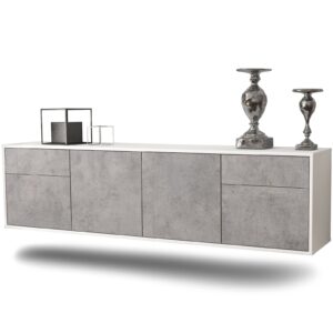 Lowboard Madison | hängend | Korpus Weiß | Front in Beton Optik | 180x49x35cm (BxHxT)