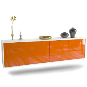 Lowboard Madison | hängend | Korpus Weiß | Front in Hochglanz Orange | 180x49x35cm (BxHxT)