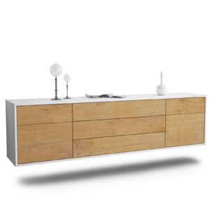 Lowboard Orlando | hängend | Korpus Weiß | Front in Eiche Holz Optik | 180x49x35cm (BxHxT)