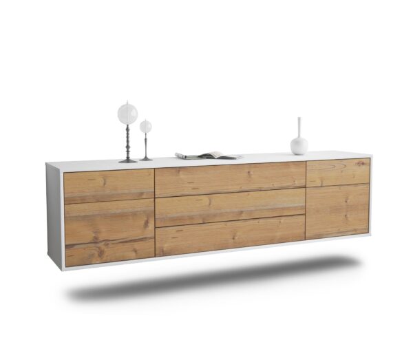 Lowboard Orlando | hängend | Korpus Weiß | Front in Pinie Holz Optik | 180x49x35cm (BxHxT)